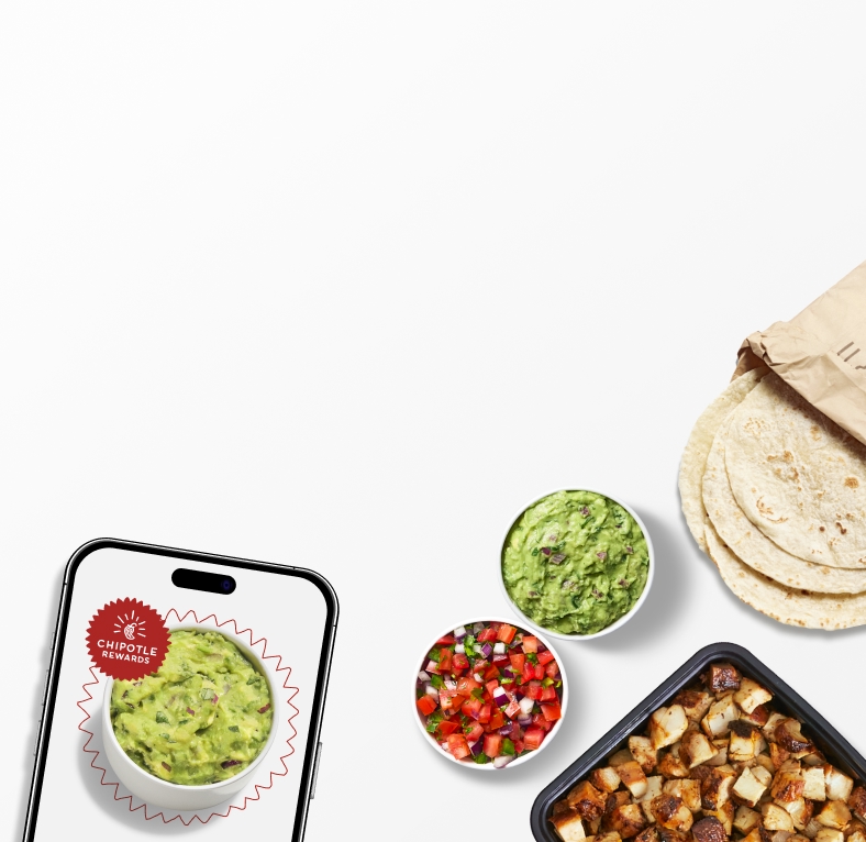 A smart phone showing the Chipotle Rewards logo around a free side or topping of fresh, hand-mashed Guac that you get when you sign up for Chipotle Rewards. Accompanied by a Chipotle Honey Chicken Burrito Bowl with white rice, black beans, freshly grilled Chipotle Honey Chicken, fajita veggies, hand-mashed Guac, and shredded Monterey Jack cheese.